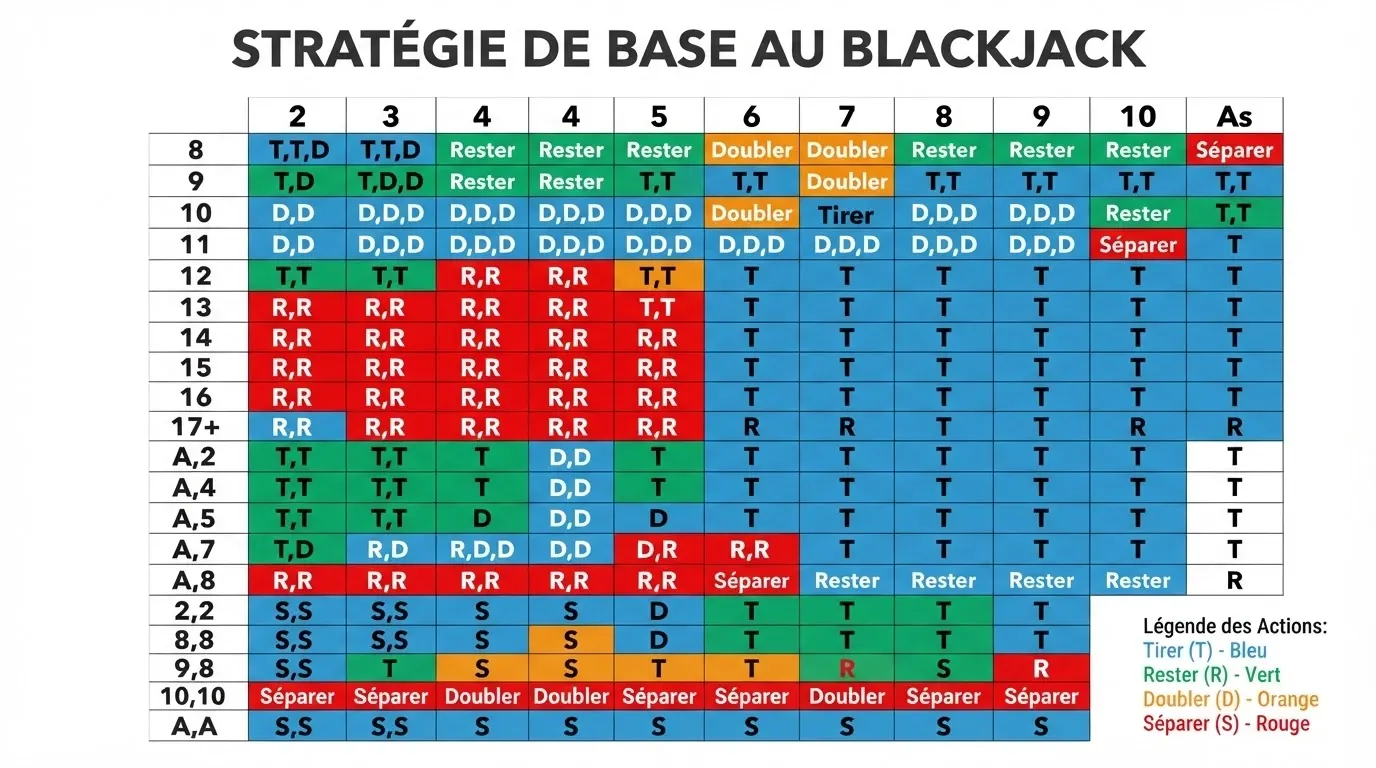 Un tableau de stratégie de base du blackjack en français, présentant les décisions optimales (tirer, rester, doubler, séparer) pour chaque main du joueur face à chaque carte visible du croupier