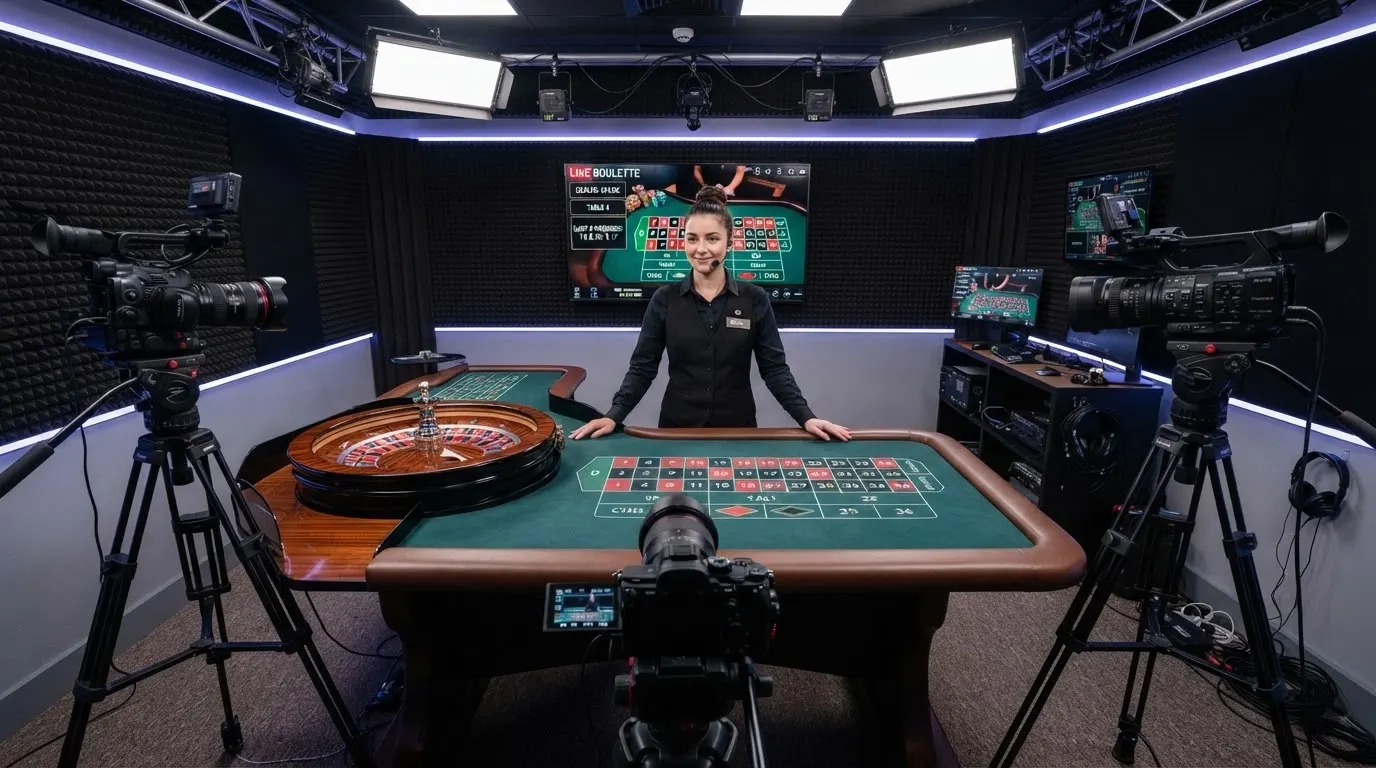 Plateau de casino en direct Pragmatic Play avec un croupier derrière une table filmée par plusieurs caméras dans un studio professionnel