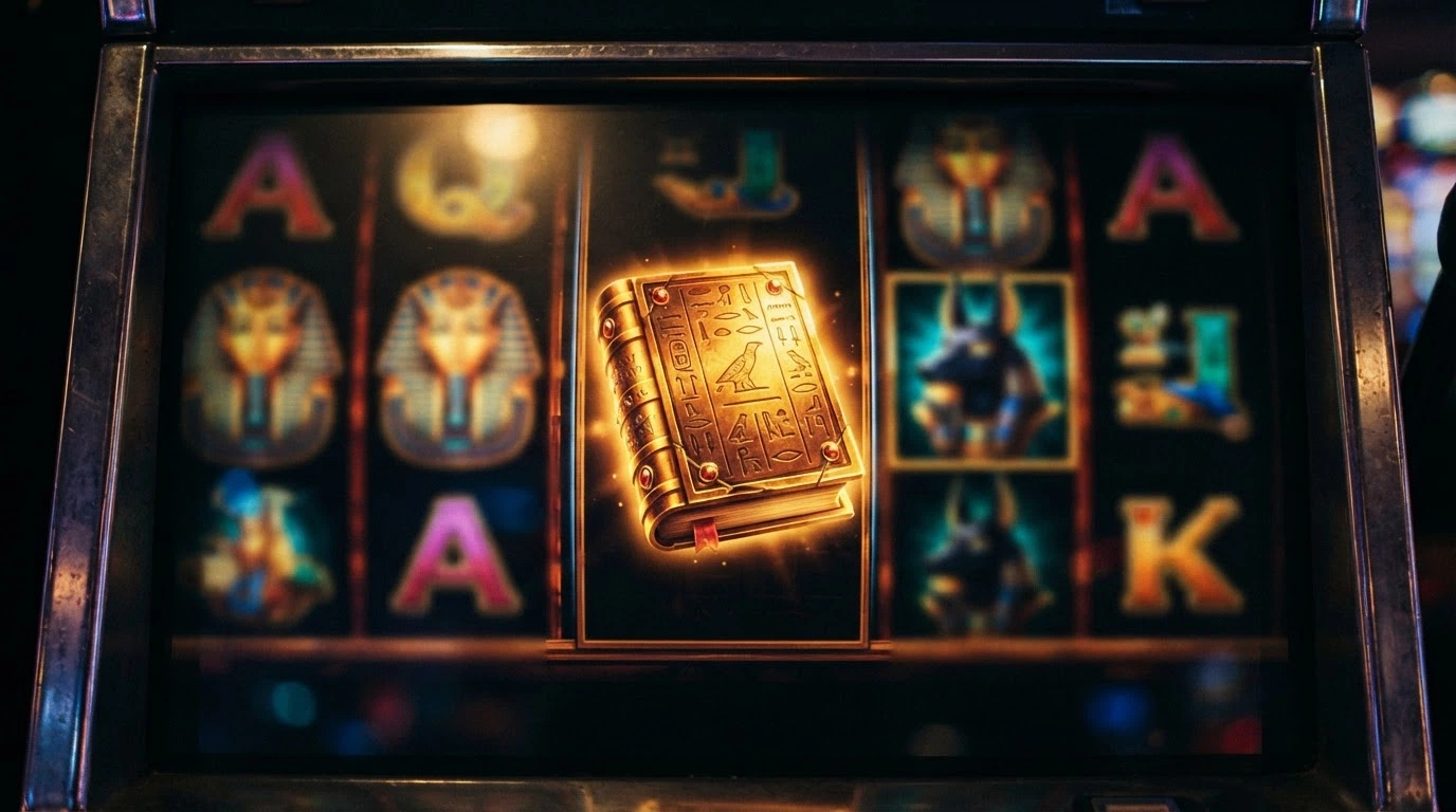 Gros plan sur le symbole du Livre des Morts au centre des rouleaux de Book of Dead, servant à la fois de scatter et de wild