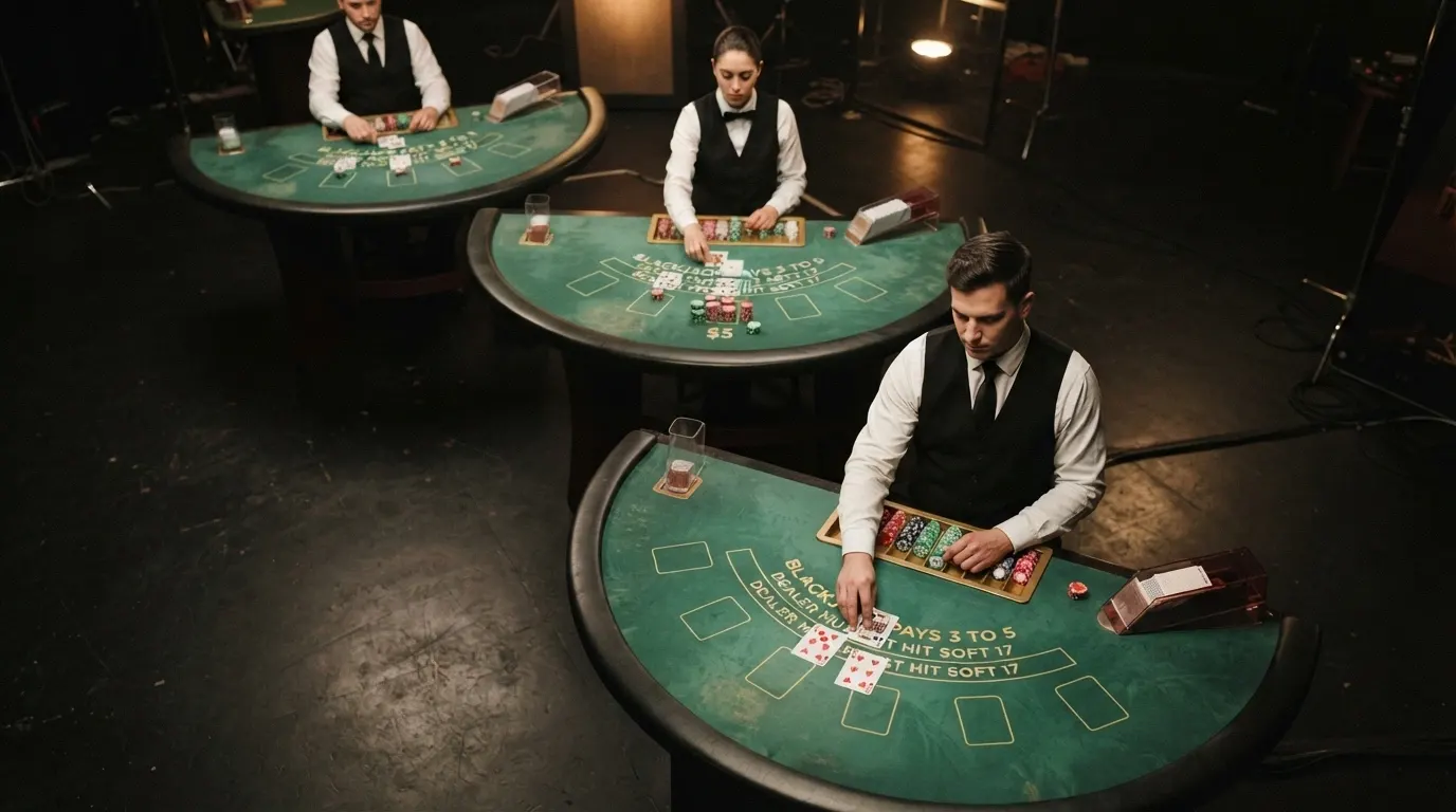 Une mosaïque de tables de blackjack live de différents fournisseurs (Evolution, Pragmatic Play) montrant la diversité des interfaces et des ambiances de studio