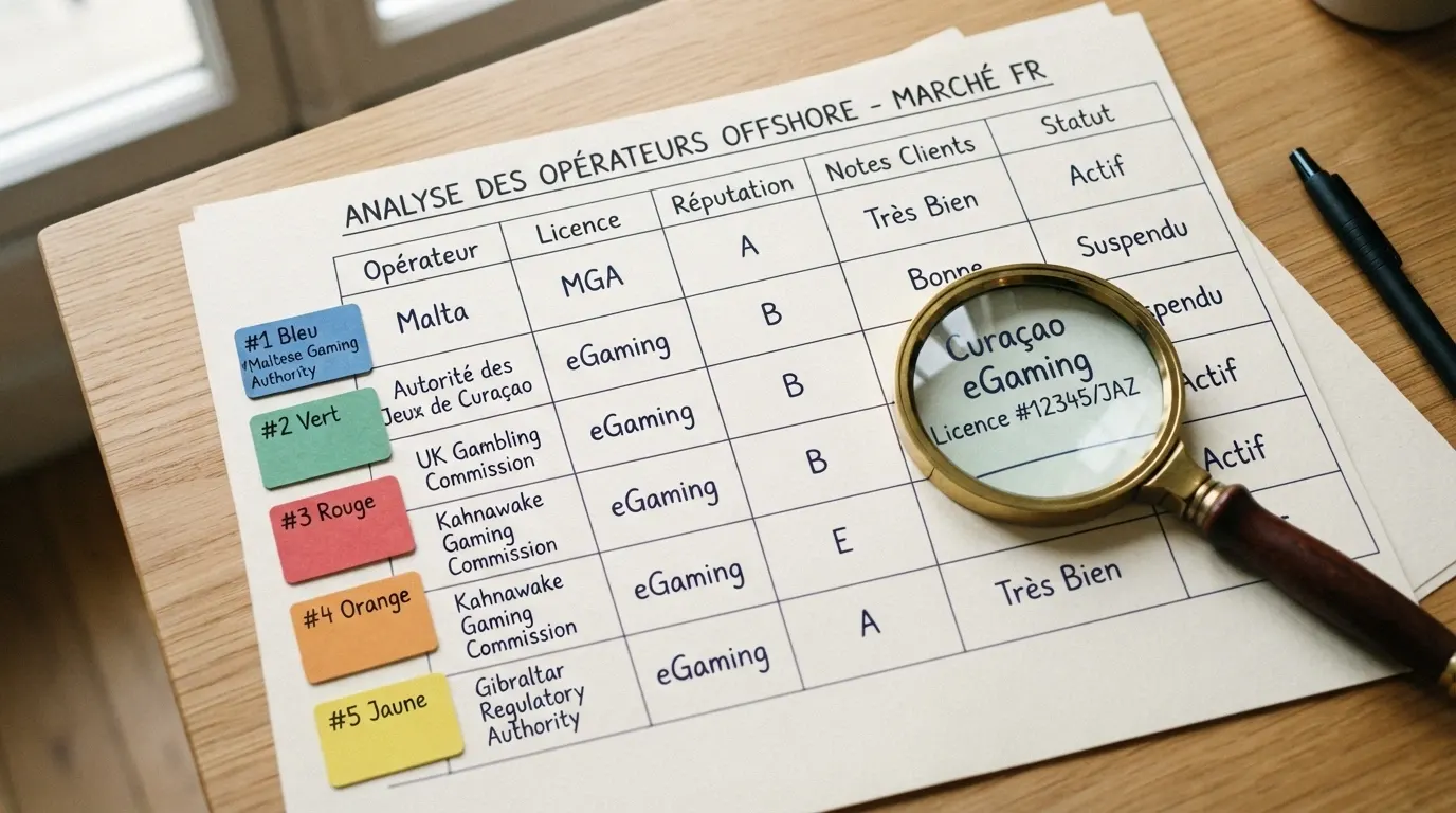 Un tableau manuscrit posé sur un bureau, avec des fiches représentant chaque opérateur offshore, une loupe posée sur la colonne « licence » révélant le mot « Curaçao »