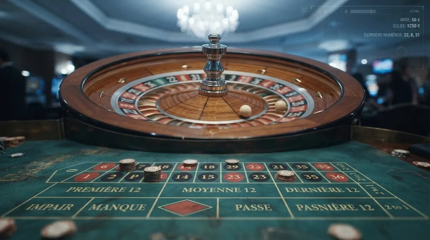 Une vue rapprochée d'une roulette en plein spin, la bille encore en mouvement sur le cylindre, avec l'interface de mise numérique visible en surimpression