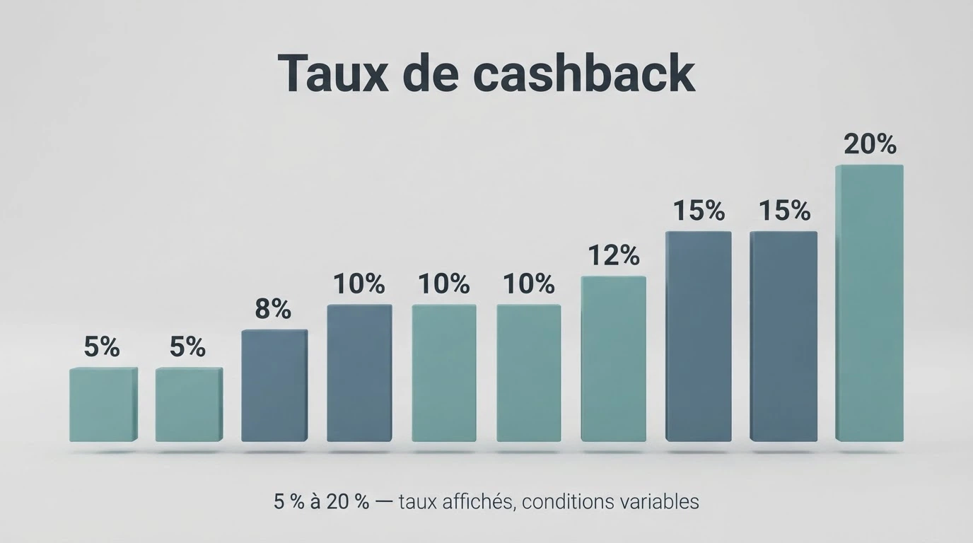 Graphique comparatif des taux de cashback par casino — barres colorées classant les 10 opérateurs du panel