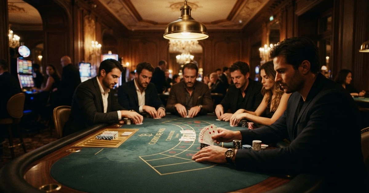 Une table de poker dans une salle de casino française, joueurs concentrés autour d'un tapis vert sous un éclairage tamisé