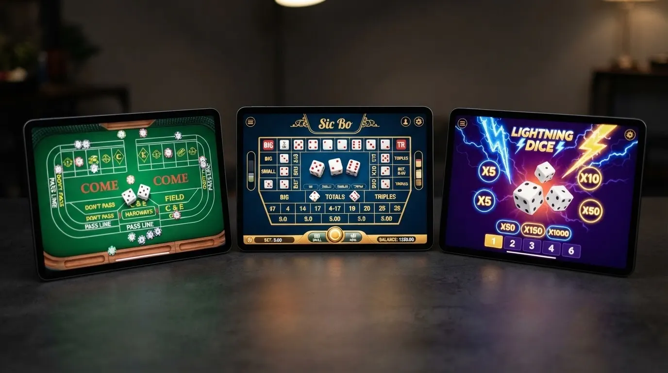 Trois écrans de casino en ligne affichant côte à côte une table de craps live, une table de sic bo et une interface de lightning dice