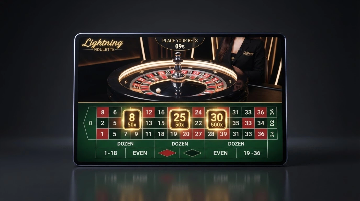 Une table de Lightning Roulette avec ses multiplicateurs visibles à l'écran, effets lumineux, le cylindre en mouvement