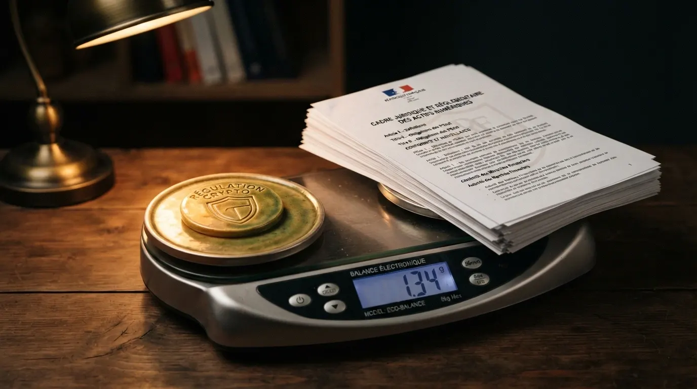 Une balance à plateau : d'un côté, une pièce de SOL brillante symbolisant rapidité et frais réduits, de l'autre, un bouclier frappé du logo ANJ représentant la protection du joueur