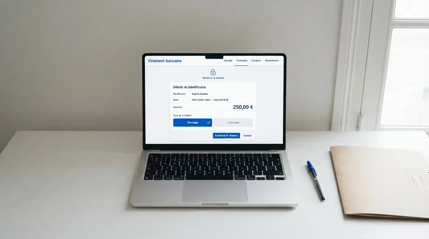 Une capture d'écran de l'espace client d'une banque en ligne française montrant les options de virement : classique et instantané, avec les champs IBAN et montant.