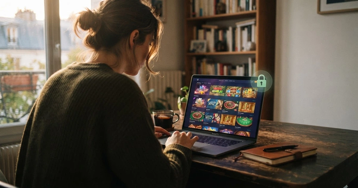 Un joueur français consultant un casino en ligne sur son écran, un cadenas symbolisant la connexion VPN dans un coin de l'image