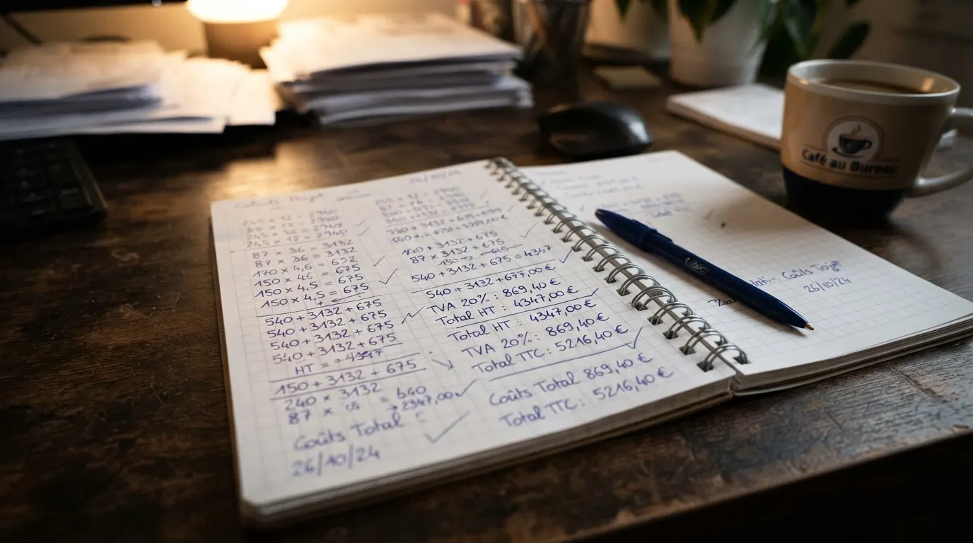 Calculatrice à côté d'un écran affichant des conditions de mise, stylo sur un carnet avec des chiffres griffonnés